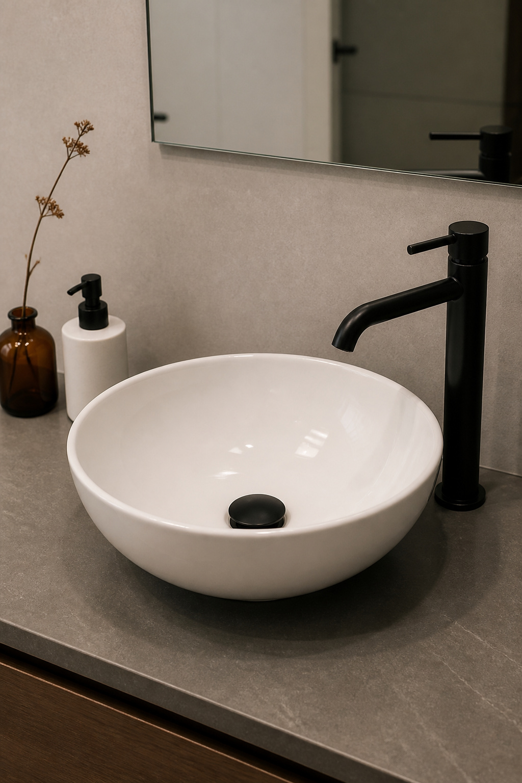 A ceramic vessel sink at $45-80 transforms the vanity's visual story — the bowl becomes the room's focal object rather than a functional recess in the counter.