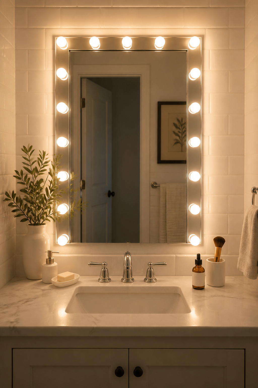 A Hollywood-style LED strip at 2700K and CRI 90+ eliminates the downward shadow problem of a standard bar light — this is the vanity lighting change that makes everything else look better.