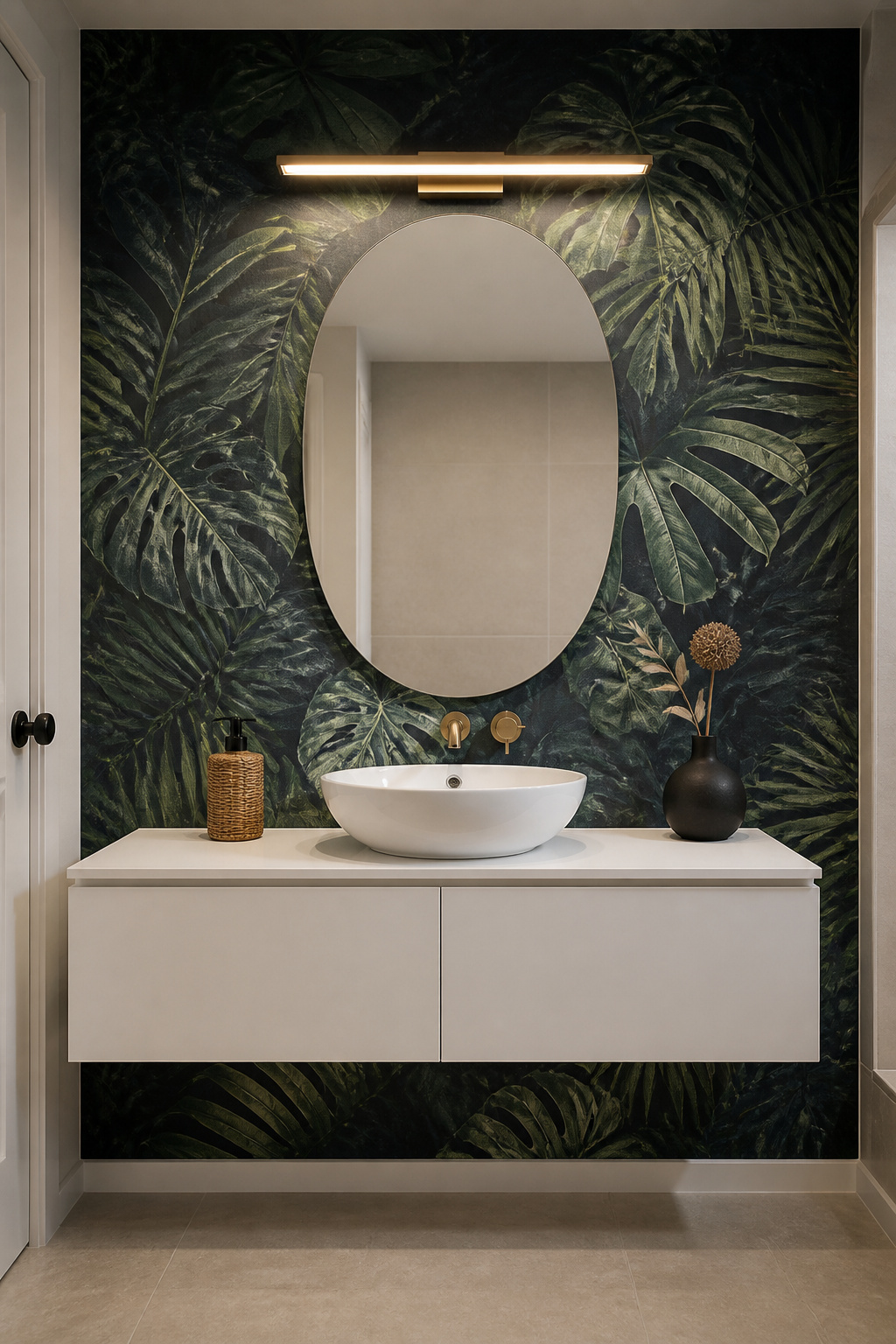 A large-repeat botanical print on one wall reads more designed than a full wallpaper installation and takes an afternoon — the feature wall behind the toilet is the highest-impact placement.