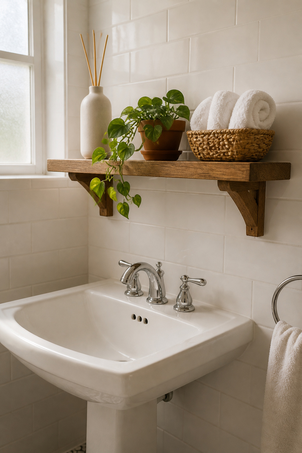 A teak floating shelf replaces a medicine cabinet's visual weight with something lighter and more intentional — material matters here, as unsealed pine warps in bathroom humidity within months.