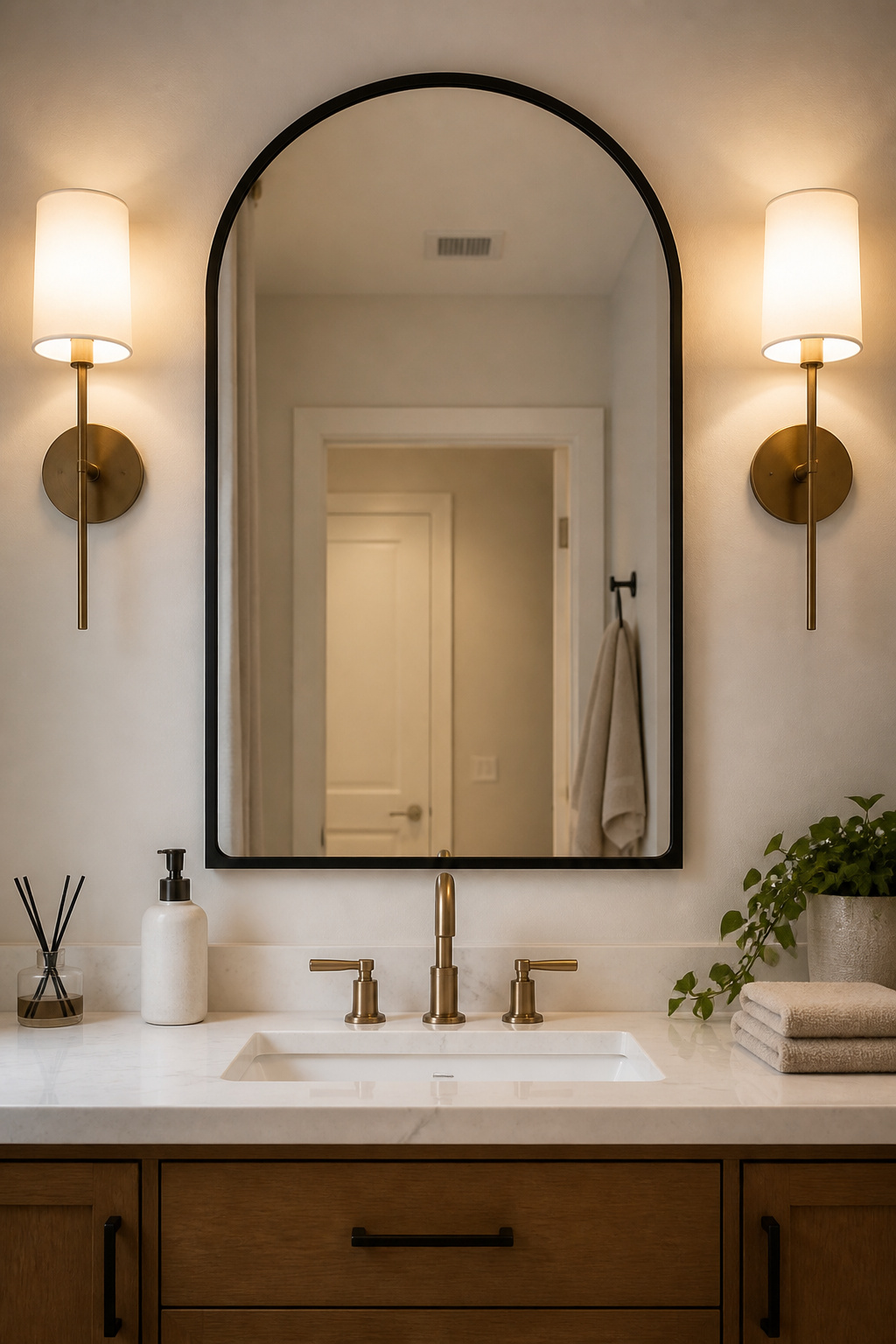 An arched black metal mirror costs $60-100 and changes how the entire vanity reads — frame shape and proportions matter as much as finish.