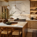 A luxury kitchen remodel featuring a full-height marble slab backsplash, warm oak cabinetry, and aged brass hardware — the full spectrum of material sophistication in one cohesive space.