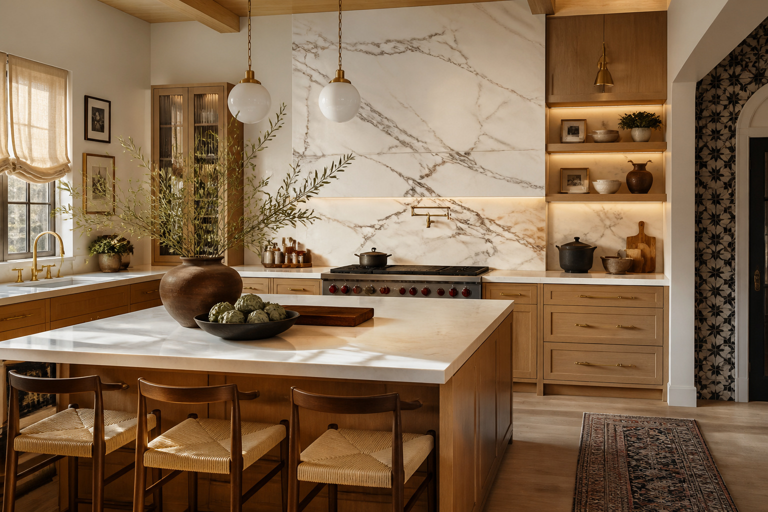 A luxury kitchen remodel featuring a full-height marble slab backsplash, warm oak cabinetry, and aged brass hardware — the full spectrum of material sophistication in one cohesive space.