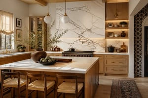 A luxury kitchen remodel featuring a full-height marble slab backsplash, warm oak cabinetry, and aged brass hardware — the full spectrum of material sophistication in one cohesive space.