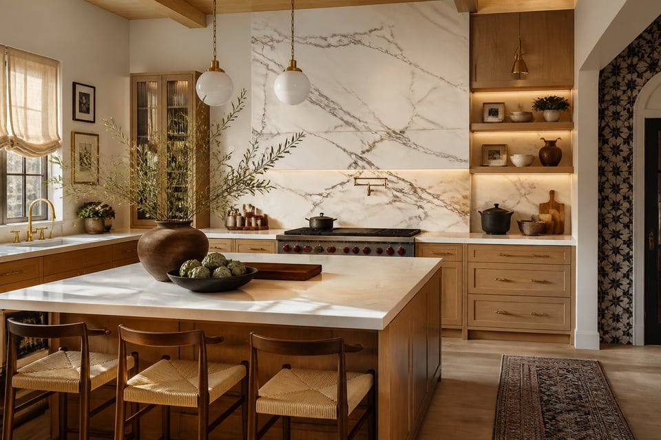 A luxury kitchen remodel featuring a full-height marble slab backsplash, warm oak cabinetry, and aged brass hardware — the full spectrum of material sophistication in one cohesive space.