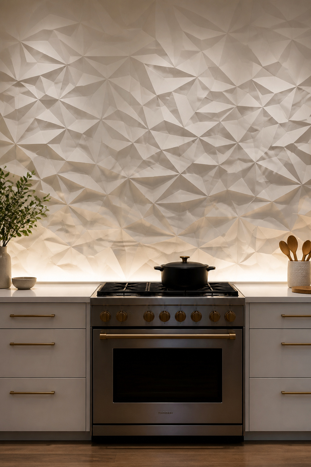 Geometric faceted 3D relief porcelain tile activated by under-cabinet LED lighting — a backsplash that changes character as the light moves throughout the day.