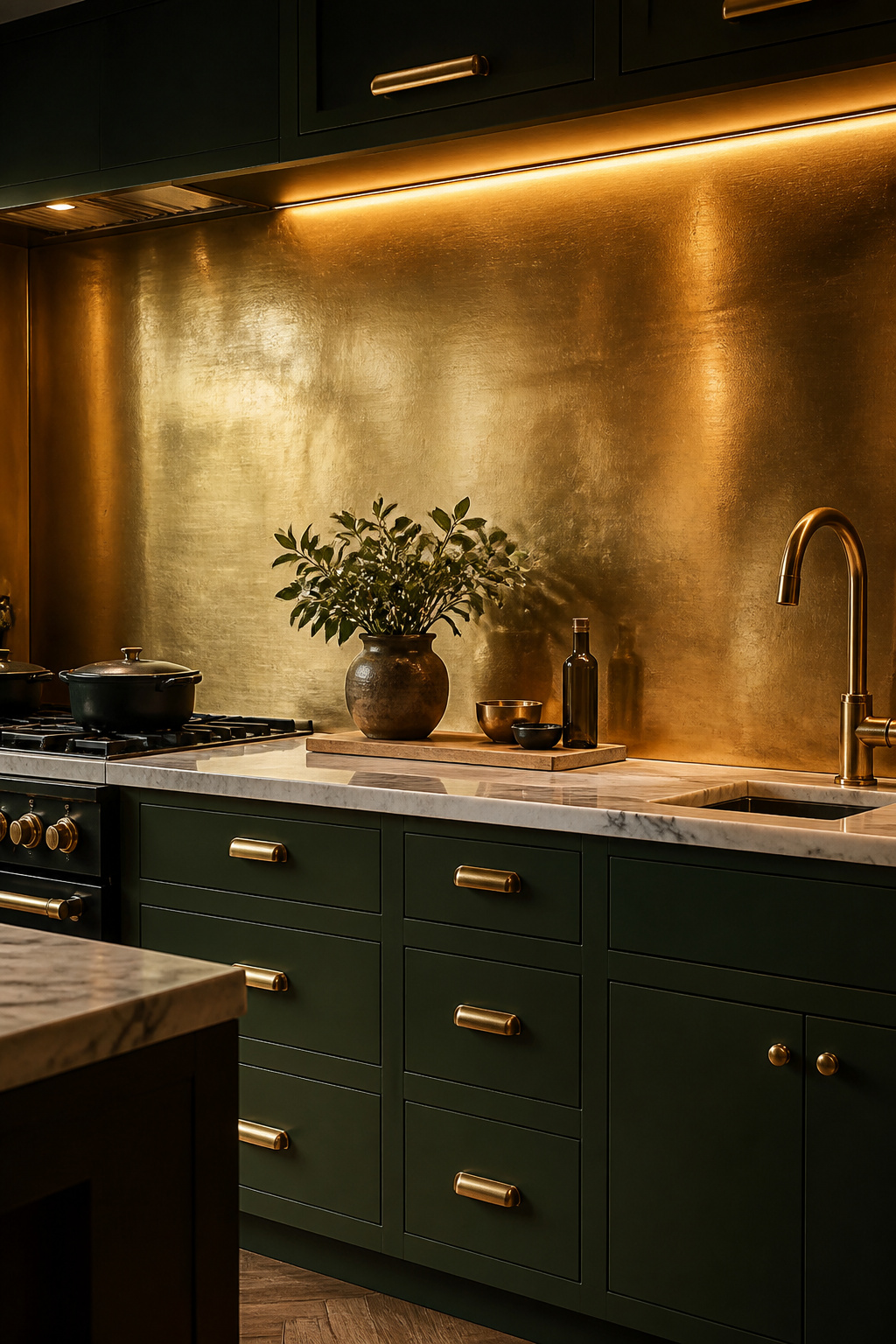 A full brushed brass metal sheet backsplash against deep forest green cabinetry — warm, antimicrobial, and developing more character with every year of use.