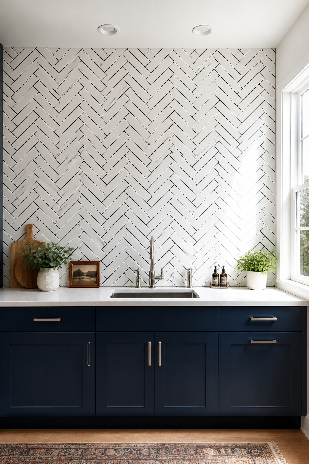 3×12 subway tile in a herringbone layout with charcoal grout — the same tile as everyone's default, executed as a genuine design decision.
