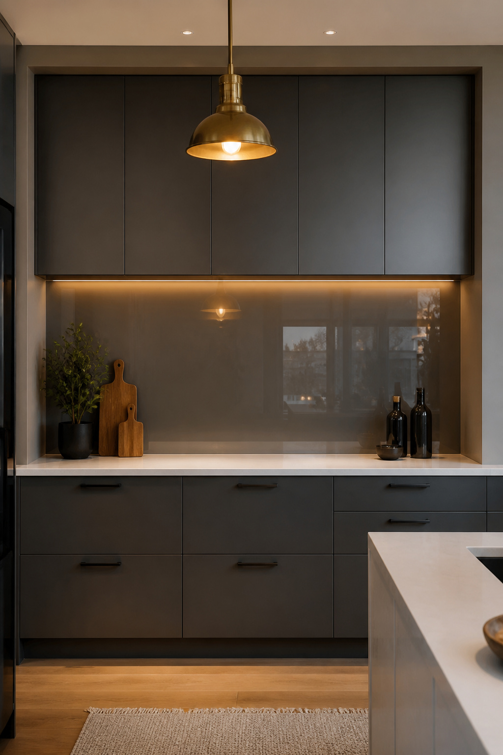A seamless back-painted smoked glass panel backsplash in charcoal grey — zero grout joints, maximum luminosity, and effortless cleaning.