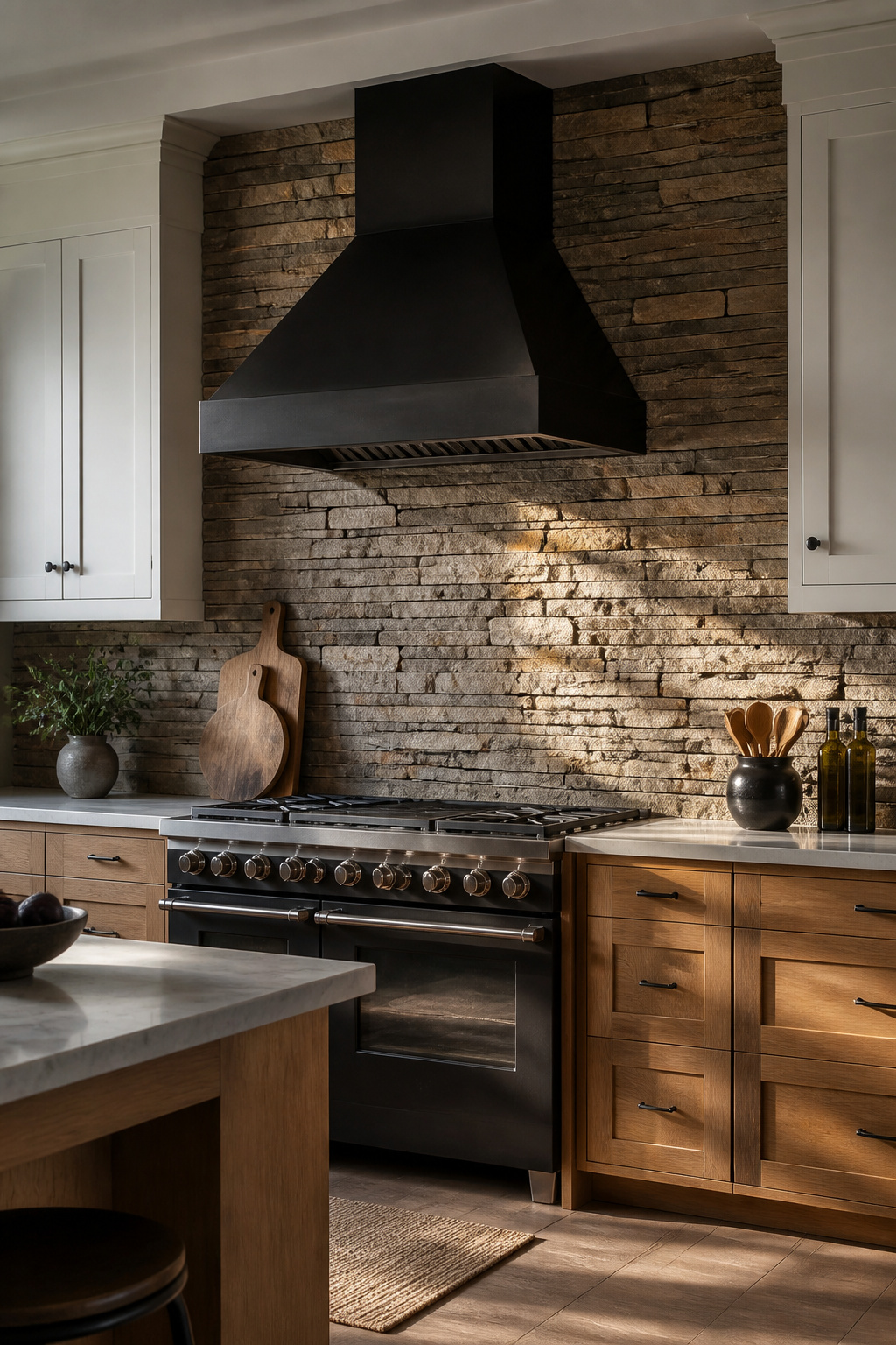 Natural quartzite ledger panels create a kitchen backsplash with genuine geological dimension — warm mineral tones and dimensional texture that no tile surface approaches.