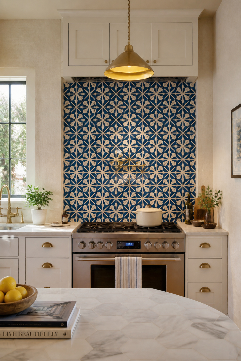 Deep cobalt and white encaustic cement tile used as a focused range accent — bold pattern with disciplined restraint in everything around it.