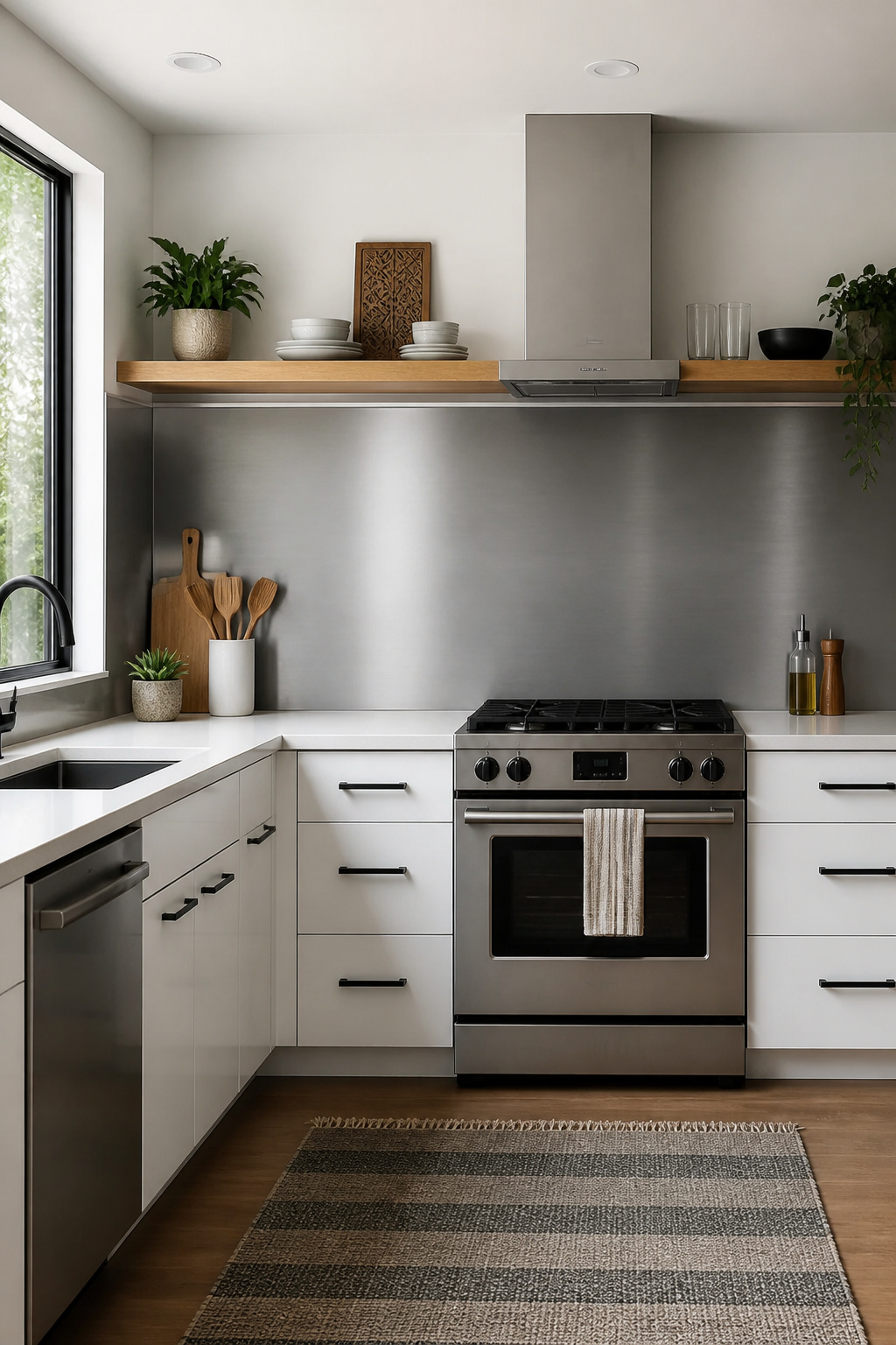 Large-format aluminum composite peel-and-stick panels in brushed pewter — the gap between budget and intentional has narrowed considerably when the right material is specified.