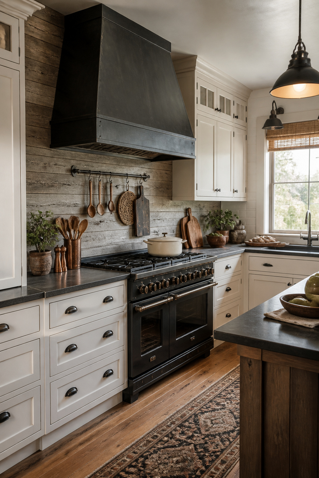 Reclaimed pine shiplap planking on the flanking kitchen walls brings the organic warmth of aged wood without the fire code complications of direct range placement.