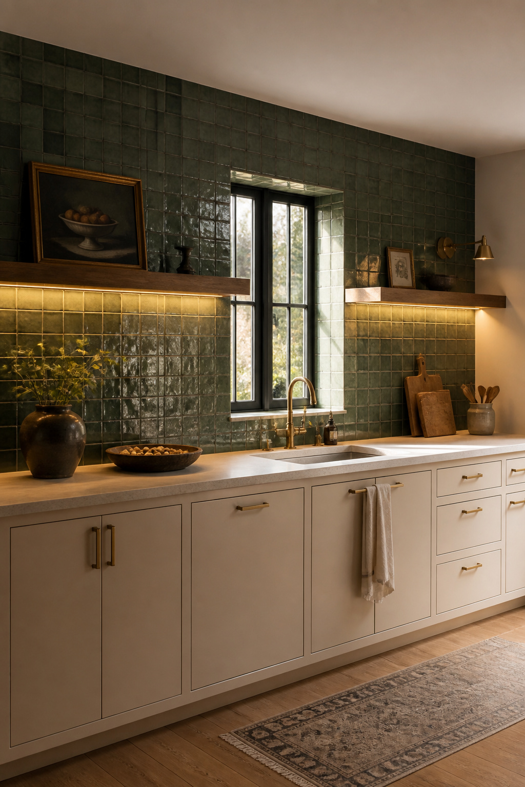 Authentic Moroccan zellige tile in sage green creates a shimmering, dimensional backsplash that no machine-made tile can replicate — each piece individually handmade for organic warmth.