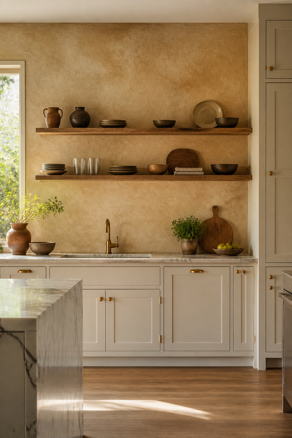 Limewash plaster in warm ochre tones creates a matte, mottled kitchen backsplash with dimensional depth that no latex paint can replicate — an ancient material in a contemporary context.