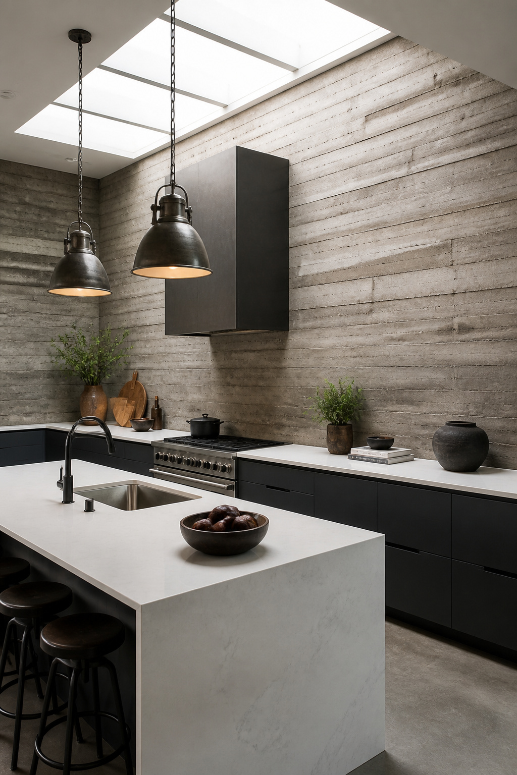 Board-formed raked concrete panels bring an industrial texture to the kitchen backsplash — warm grey with wood grain impressions that read as raw, deliberate, and decidedly permanent.