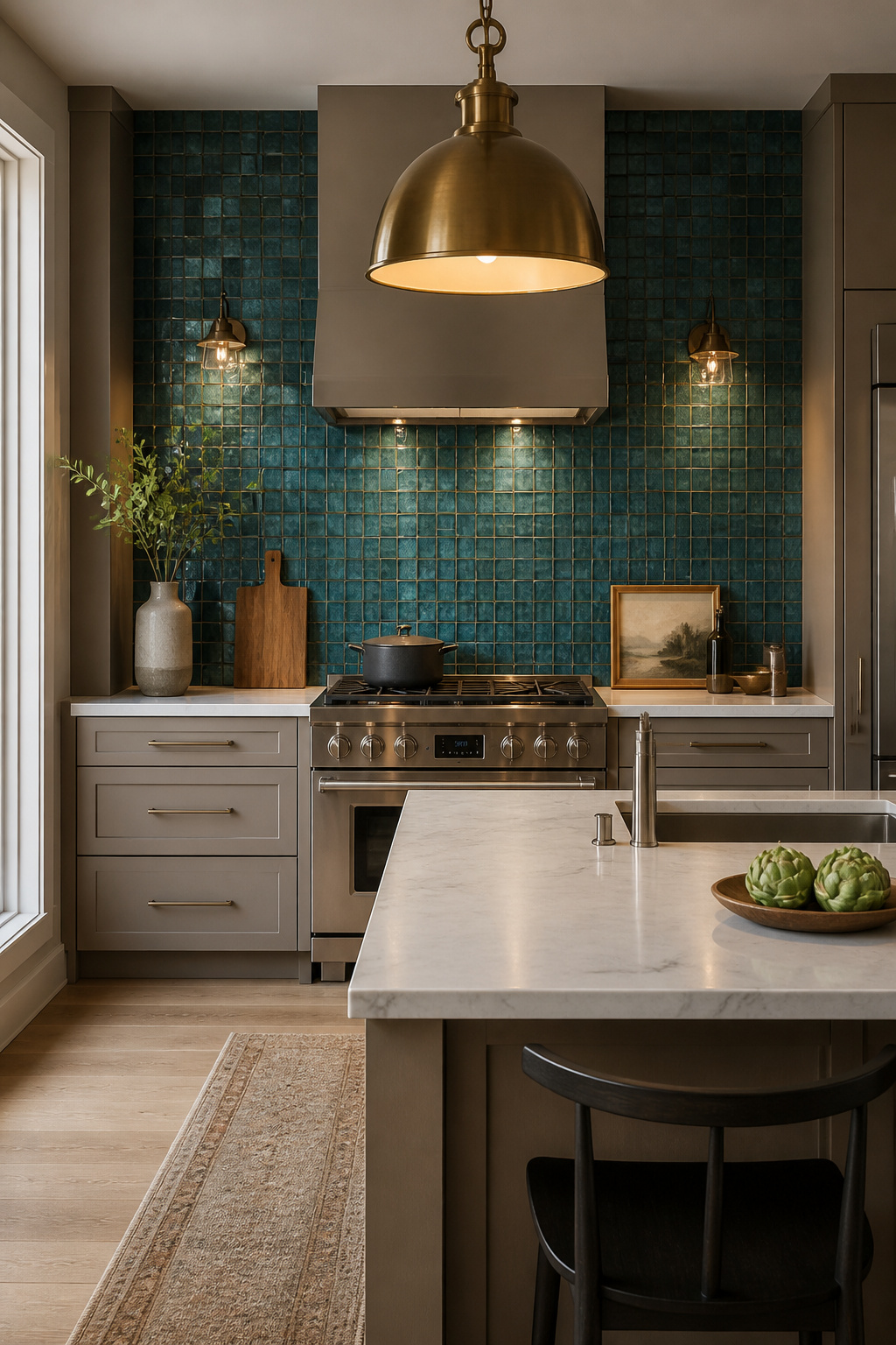 Deep teal Venetian glass mosaic behind the range — hand-poured glass with the internal colour depth and luminosity that transforms a kitchen wall into a glowing focal point.