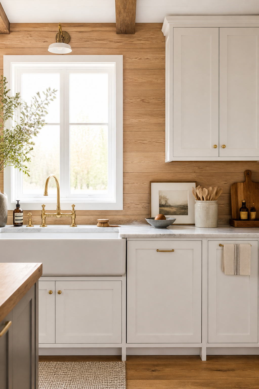 White oak shiplap with natural oil finish runs the full kitchen backsplash in warm, linear grain — a farmhouse material with the moisture resistance to back it up.