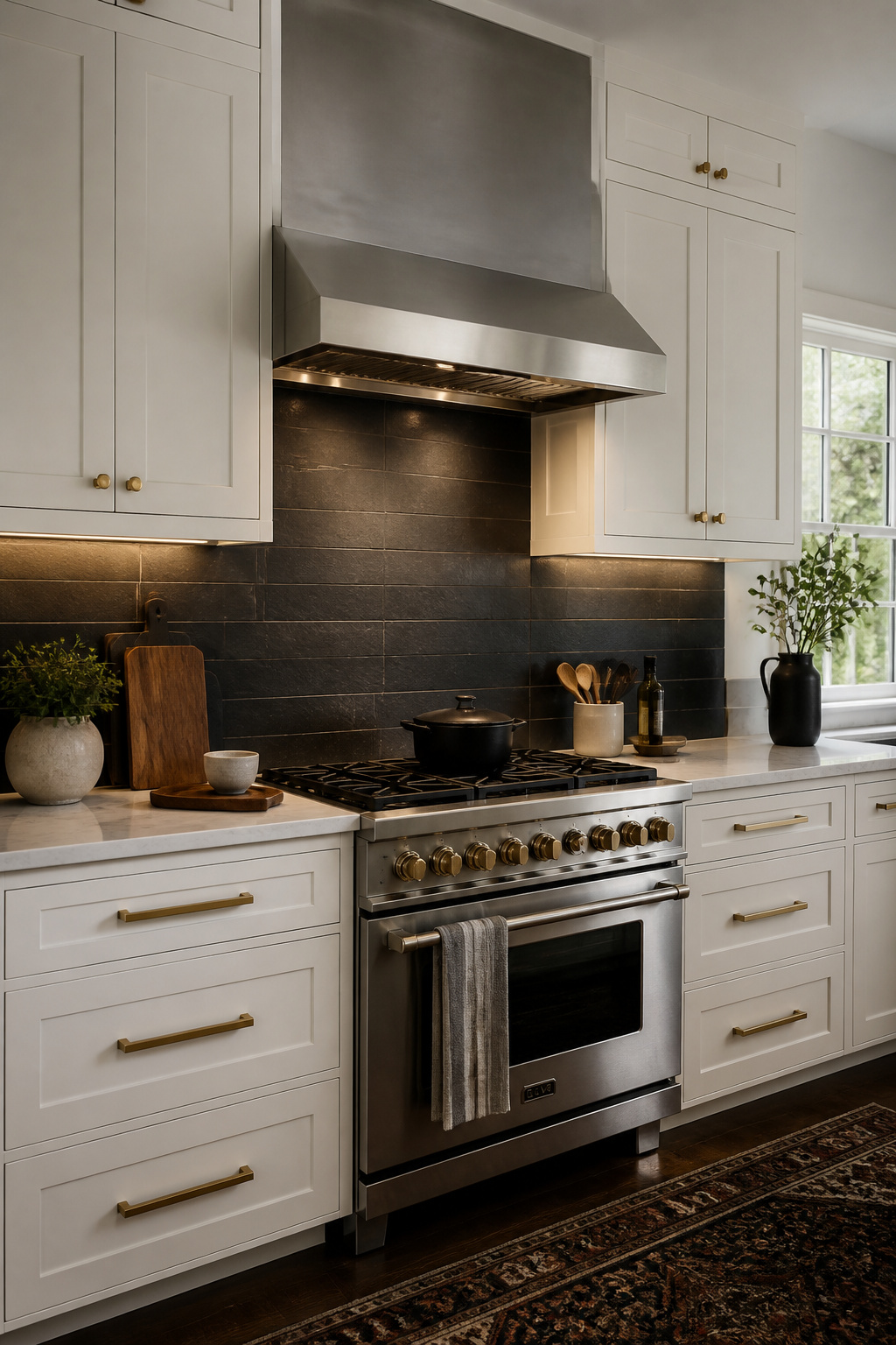 Honed basalt in near-black grey creates a chef's kitchen backsplash with geological weight — the LED-lit volcanic surface glowing against white cabinetry and warm brass.
