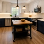 The full result of a budget kitchen remodel executed across 16 upgrades — from cabinet paint and peel-and-stick backsplash to vinyl plank flooring and pendant lighting, all under $3,000 in total materials.