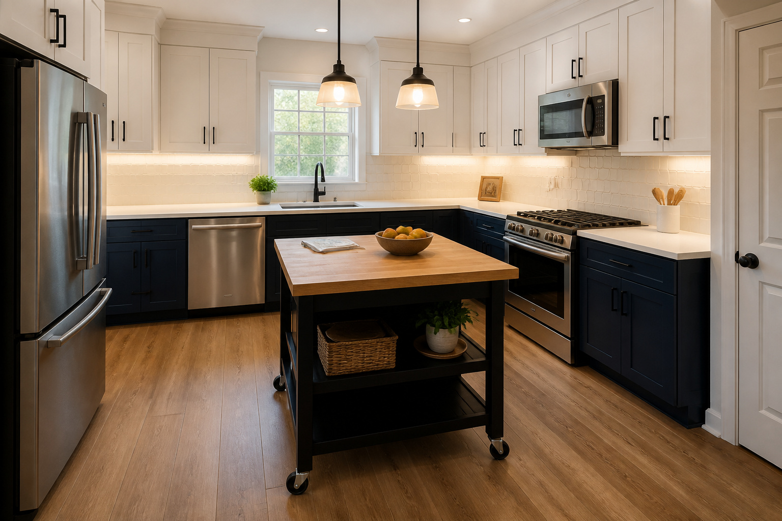 The full result of a budget kitchen remodel executed across 16 upgrades — from cabinet paint and peel-and-stick backsplash to vinyl plank flooring and pendant lighting, all under $3,000 in total materials.