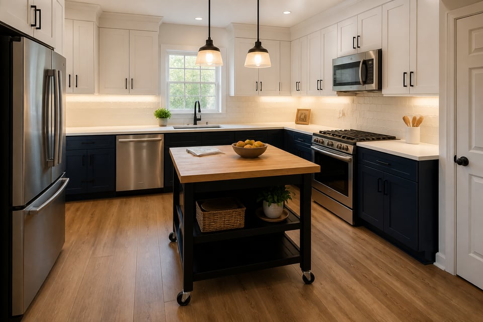 The full result of a budget kitchen remodel executed across 16 upgrades — from cabinet paint and peel-and-stick backsplash to vinyl plank flooring and pendant lighting, all under $3,000 in total materials.