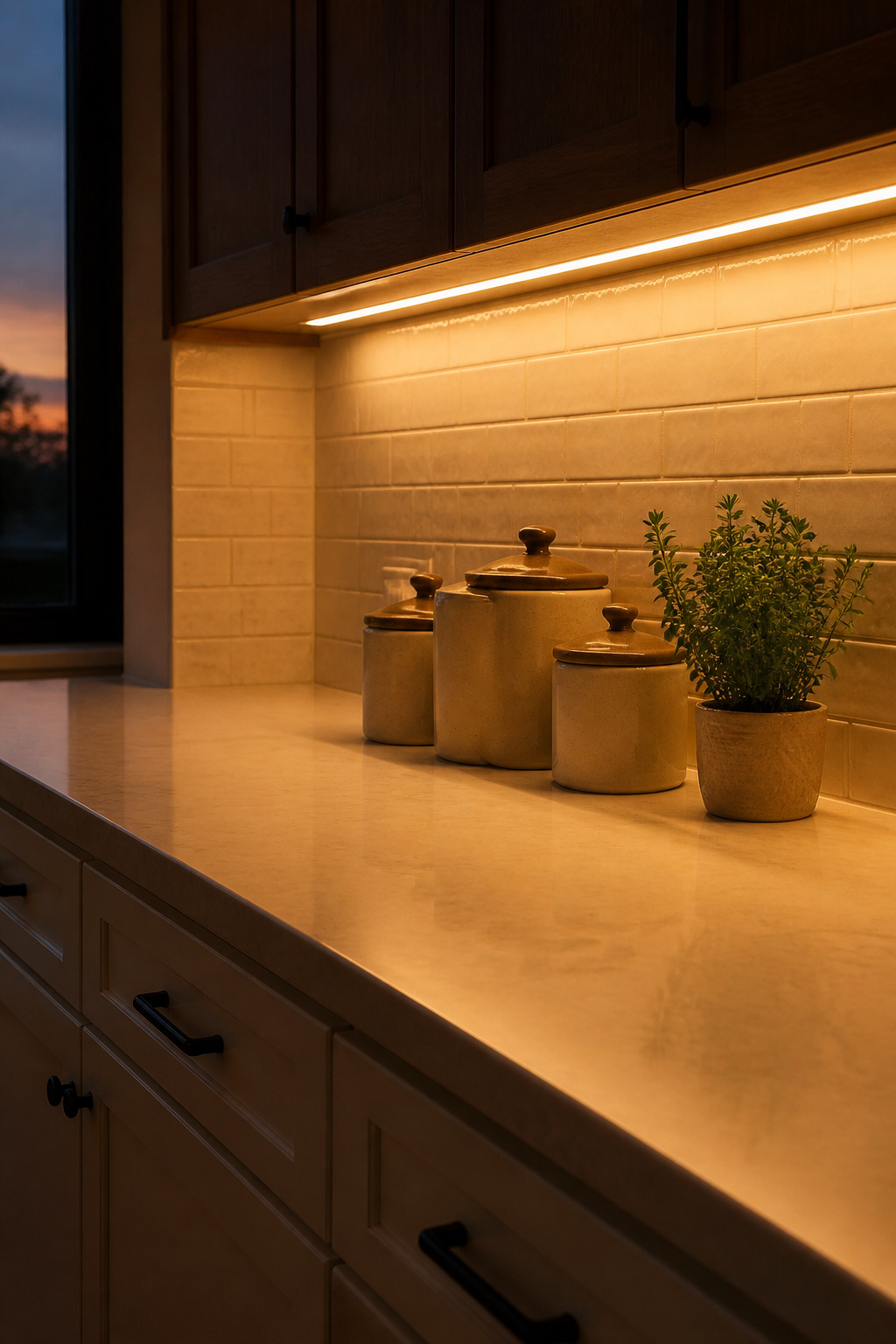 Under-cabinet LED lighting at 2700K transforms a work counter at dusk — the single under-$100 upgrade that has the most dramatic effect on kitchen atmosphere.