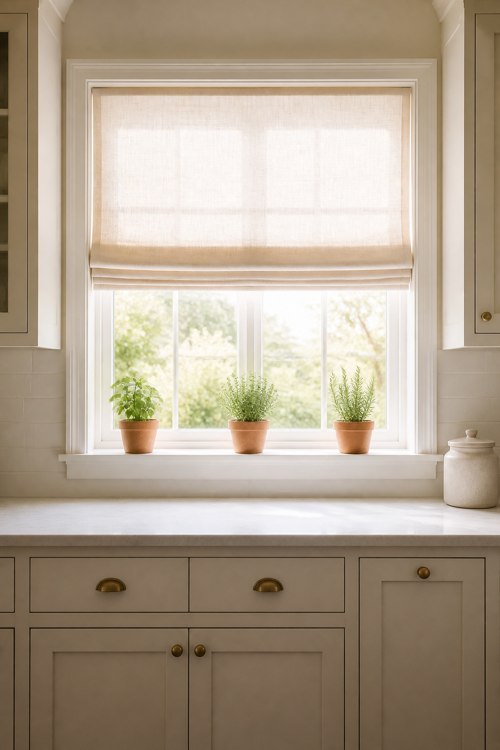 A white linen Roman shade with natural light filtering through — a $40–$80 addition that closes the "unfinished" reading of a bare kitchen window.