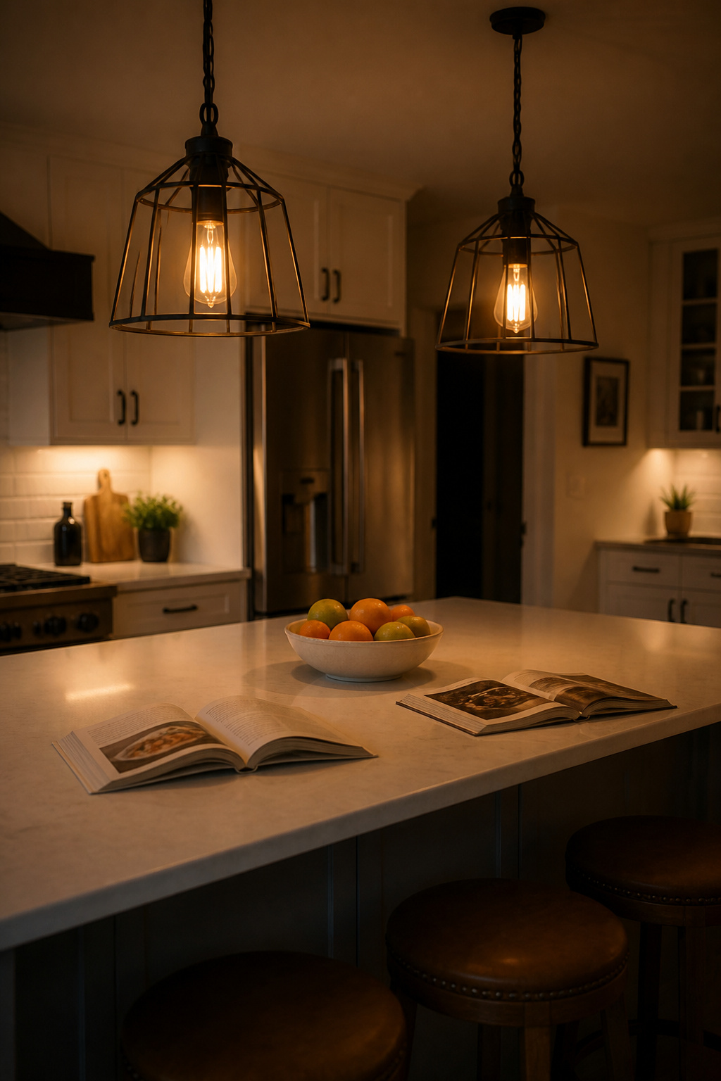 Two black cage pendants over a kitchen island at 2200K — an affordable kitchen remodel lighting upgrade that defines the kitchen zone and makes the island feel intentional.