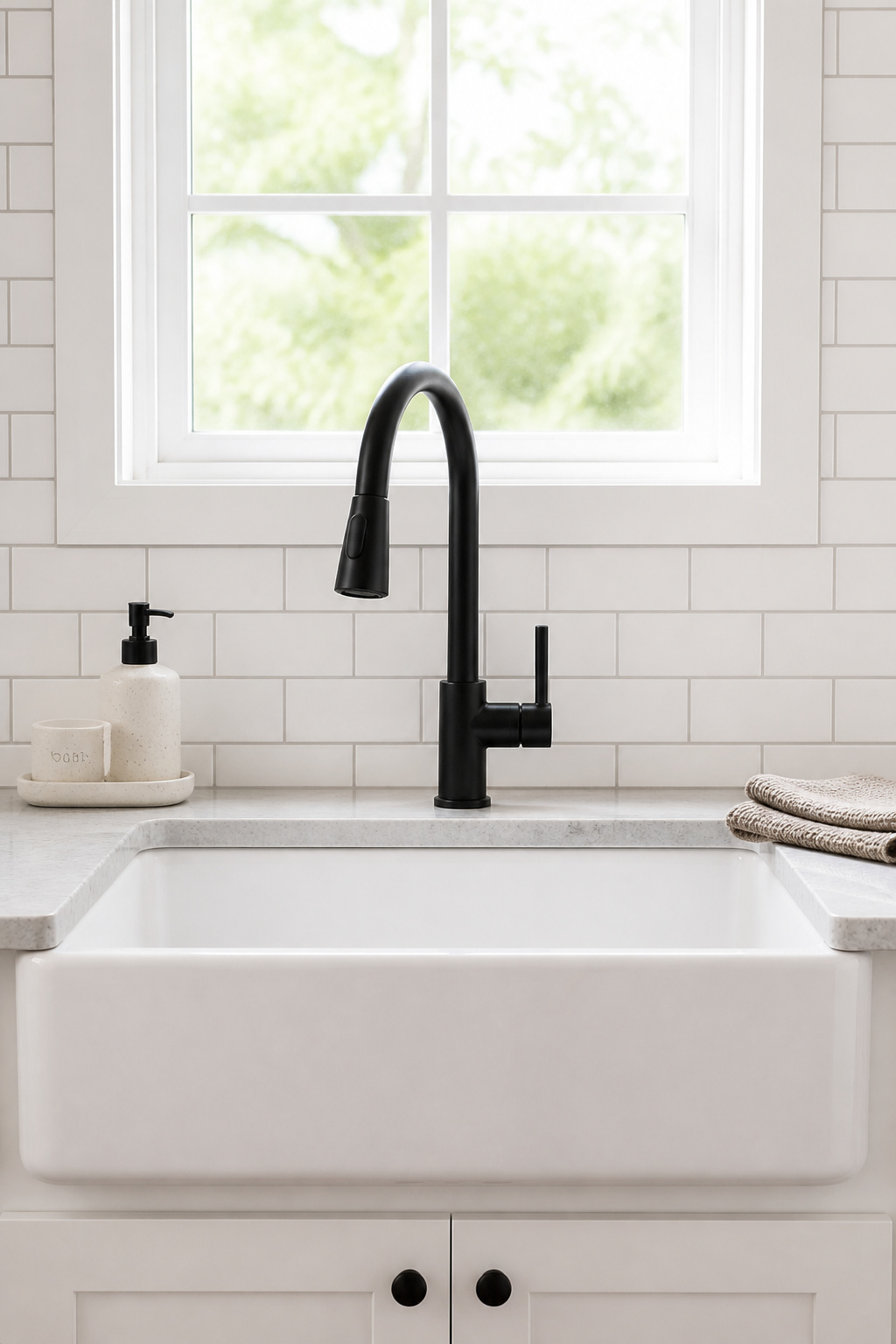 A matte black pull-down faucet replacing polished chrome — a two-hour project that changes the sink area's entire visual register for under $200.
