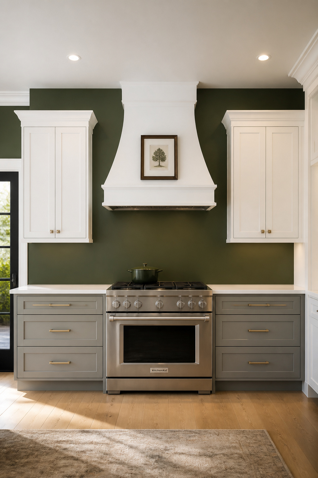 A single feature wall behind the range in Sherwin-Williams Pewter Green — a $40 material cost that reframes the entire kitchen's character.