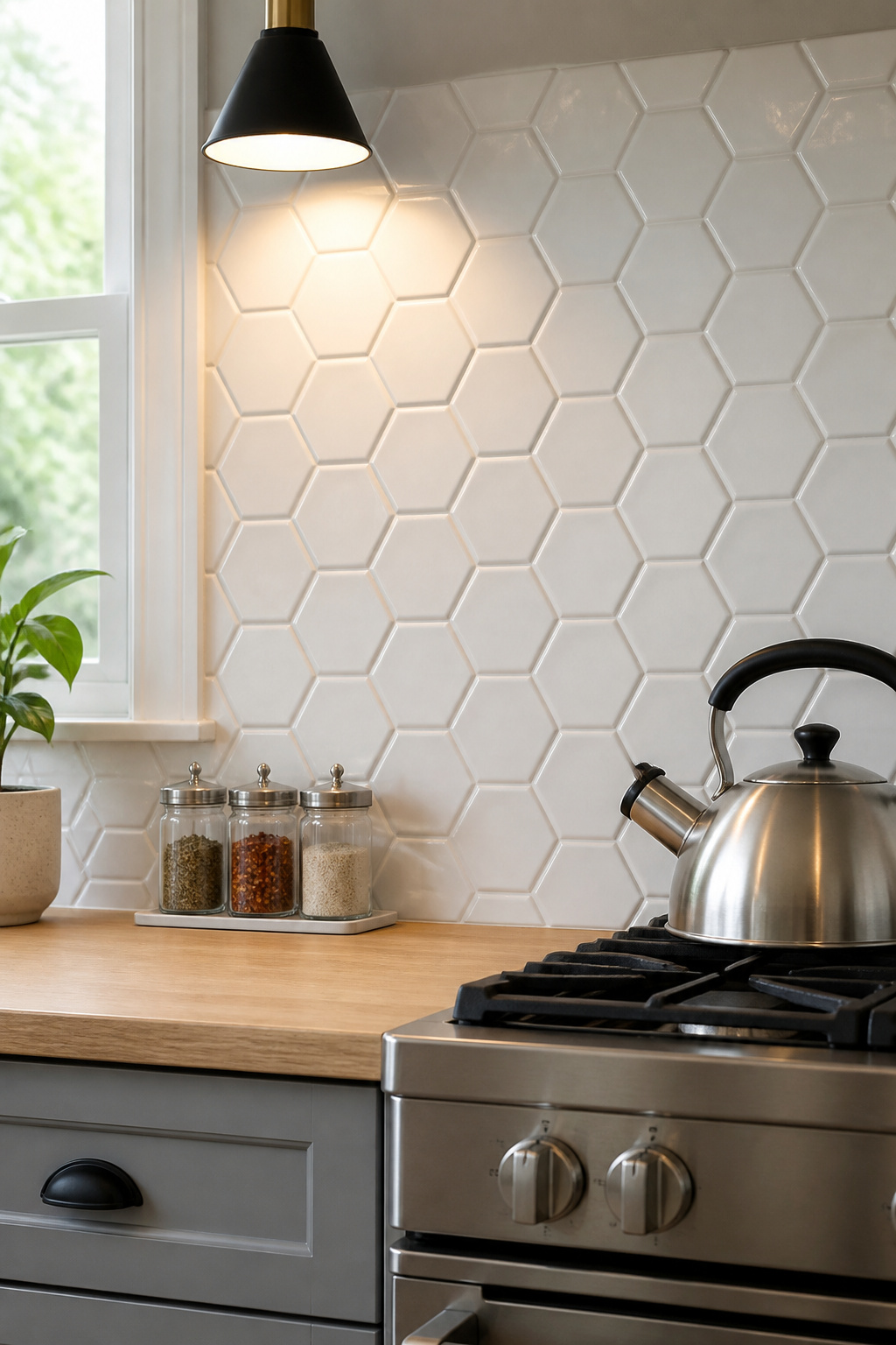 Peel-and-stick hexagon tiles installed in an afternoon create a backsplash that reads as real ceramic from normal distance — one of the most reversible budget kitchen remodel upgrades available.