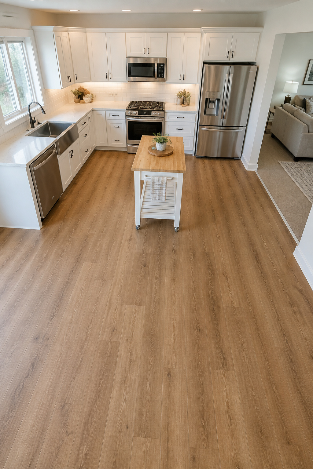 Luxury vinyl plank in a medium oak tone — waterproof, scratch-resistant, and installable DIY over existing flooring in a single day for a 150 square-foot kitchen.