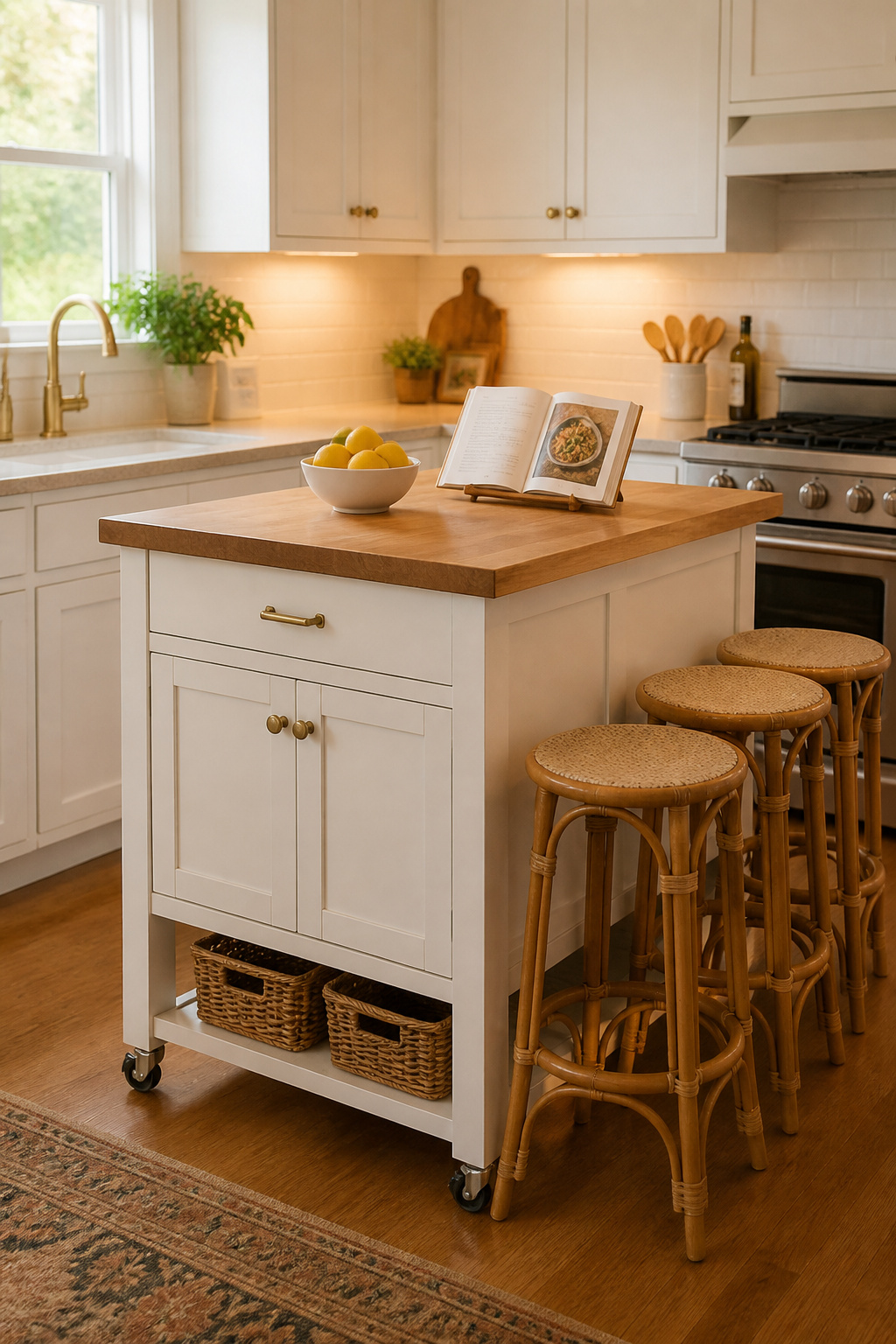 A Crosley Seaside Cart styled to match the existing kitchen hardware reads as a planned addition — not a temporary solution. Freestanding islands are the smartest no-demo kitchen remodel on a budget move.