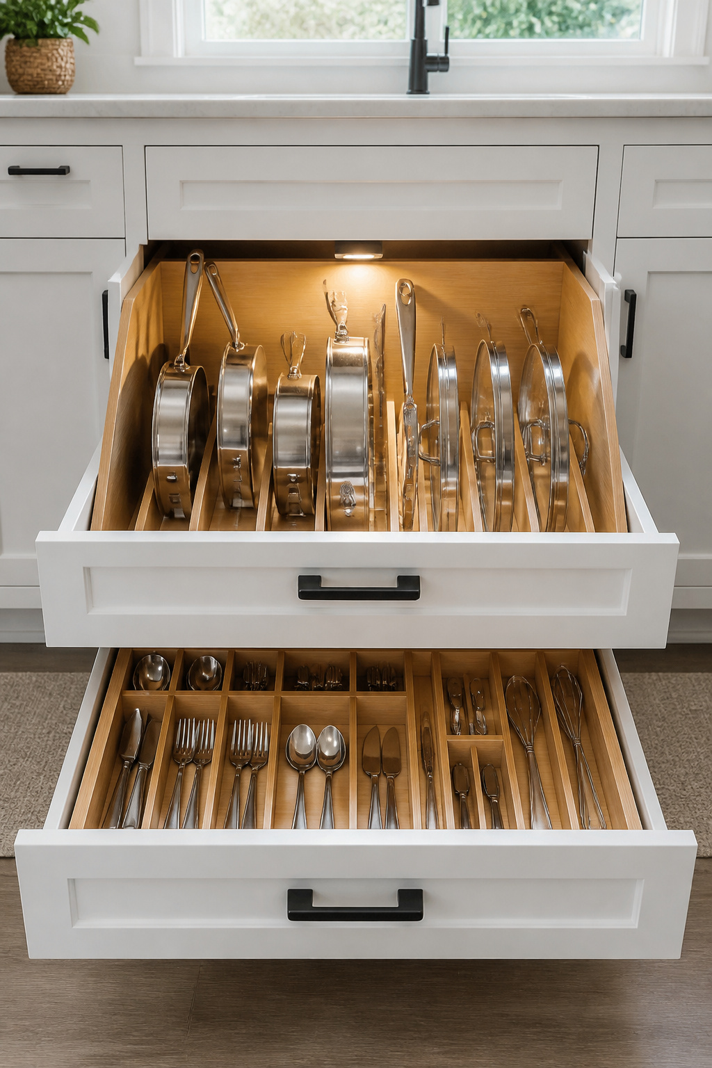 A Rev-A-Shelf two-tier cookware organizer recovering a full lower base cabinet — the kind of interior organization upgrade that changes how a kitchen functions every day.