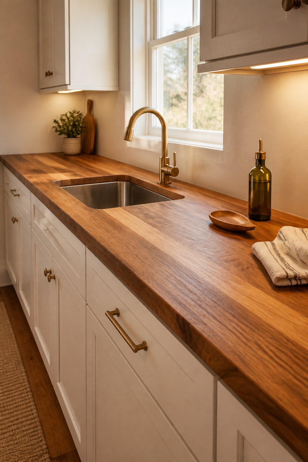 Butcher block countertops at $50–$100 per square foot offer more warmth per dollar than any stone alternative — and they improve with age when properly maintained.
