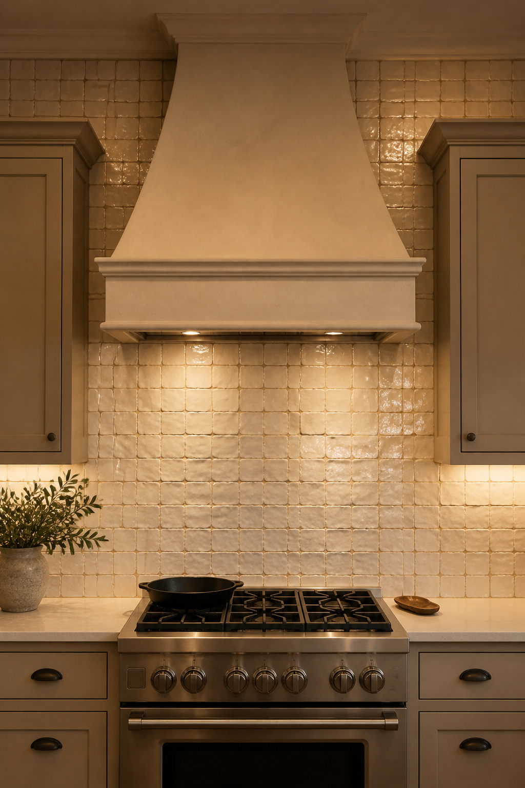 Handcrafted-look ceramic tile behind the range in a budget kitchen remodel finishing touch — a small tile area (under 15 sq ft) with maximum visual impact.