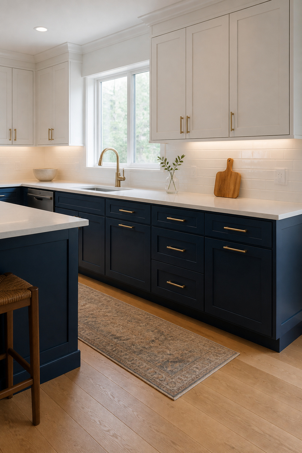 Cabinet paint alone transformed this small kitchen — navy lower cabinets with brass hardware against white uppers and quartz countertops, for a cost of under $500 in materials.