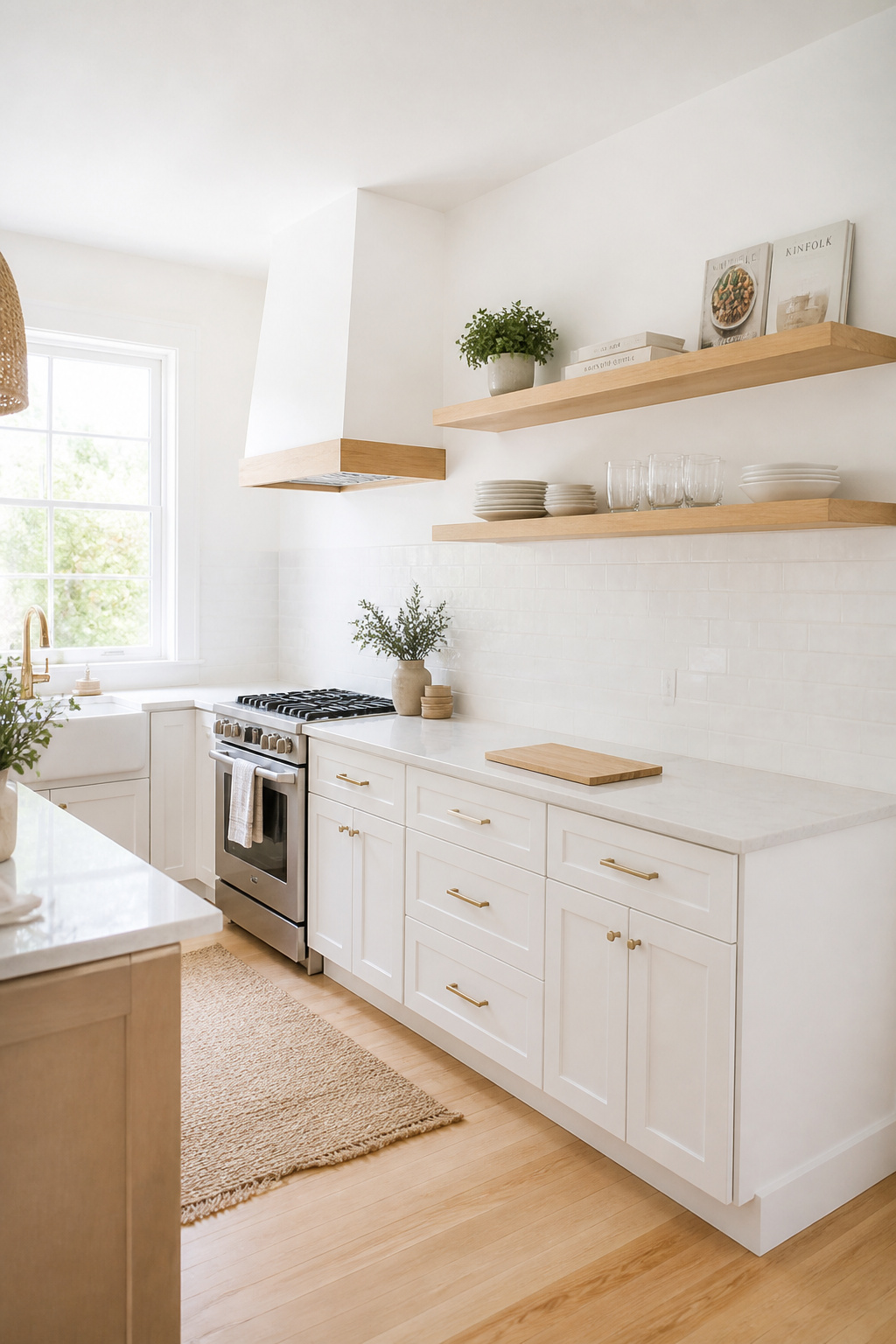 Two floating oak shelves replace a run of upper cabinets, opening up a small kitchen and creating a styled display wall that costs less than the cabinets they replaced.