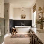 A layered bathroom interior showing the transformative effect of the half-wall wallpaper technique — the single design move that resolves pattern ambition with practical performance.