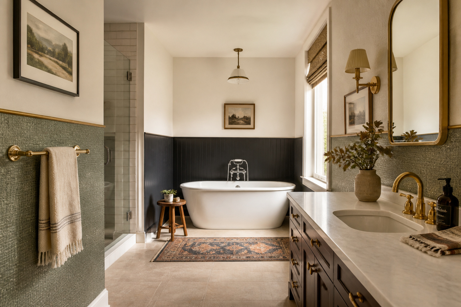 A layered bathroom interior showing the transformative effect of the half-wall wallpaper technique — the single design move that resolves pattern ambition with practical performance.