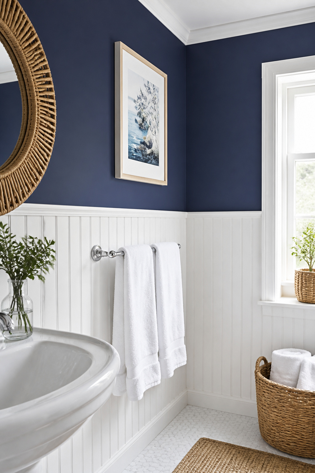 White-painted beadboard-effect vinyl wallpaper on the lower half creates a classic coastal wainscoting look, with navy paint above completing the Hamptons-inspired design direction.