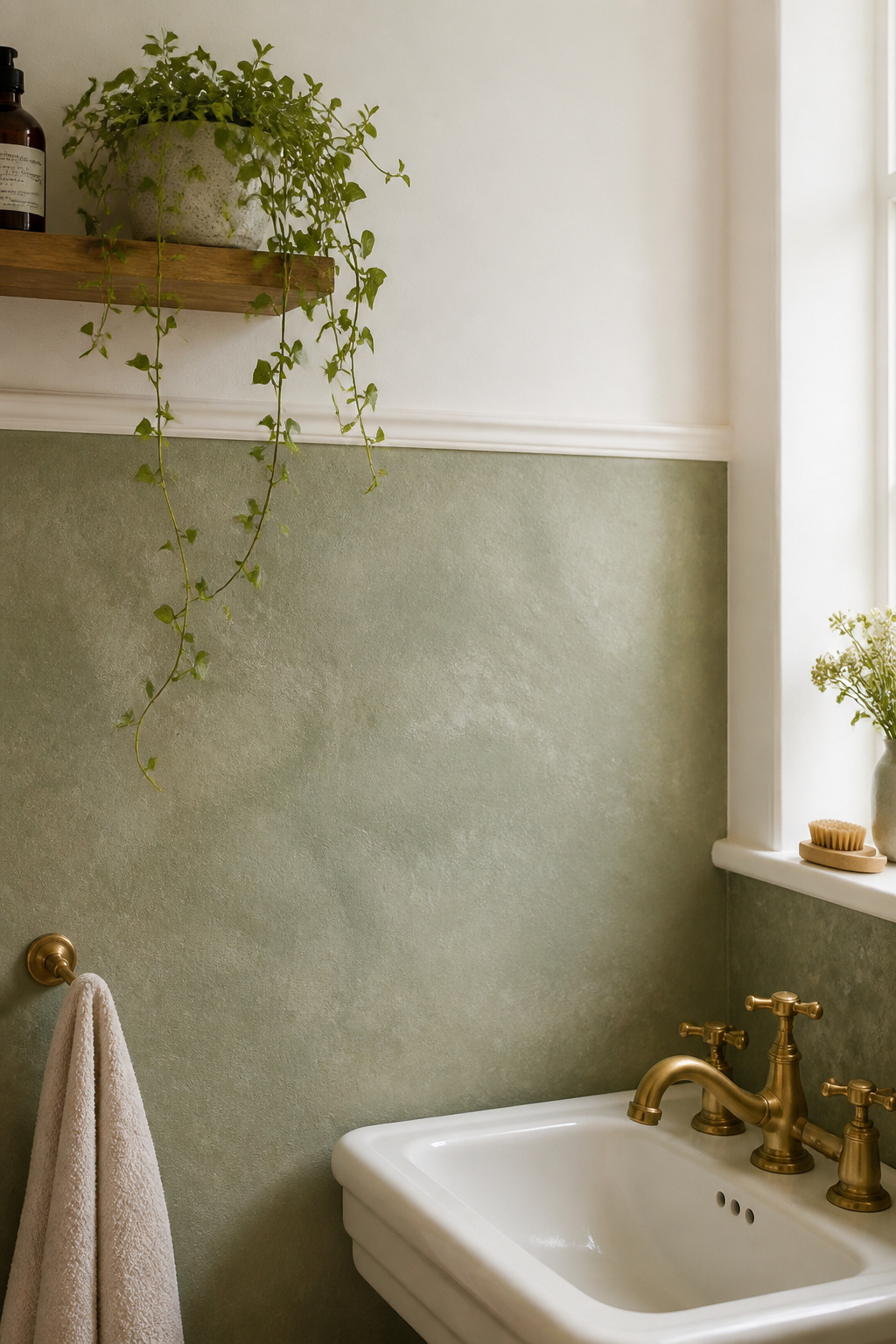 Sage green limewash-look wallpaper on the lower half with organic tonal variation creates the depth of real limewash plaster without the technical skill the real technique demands.