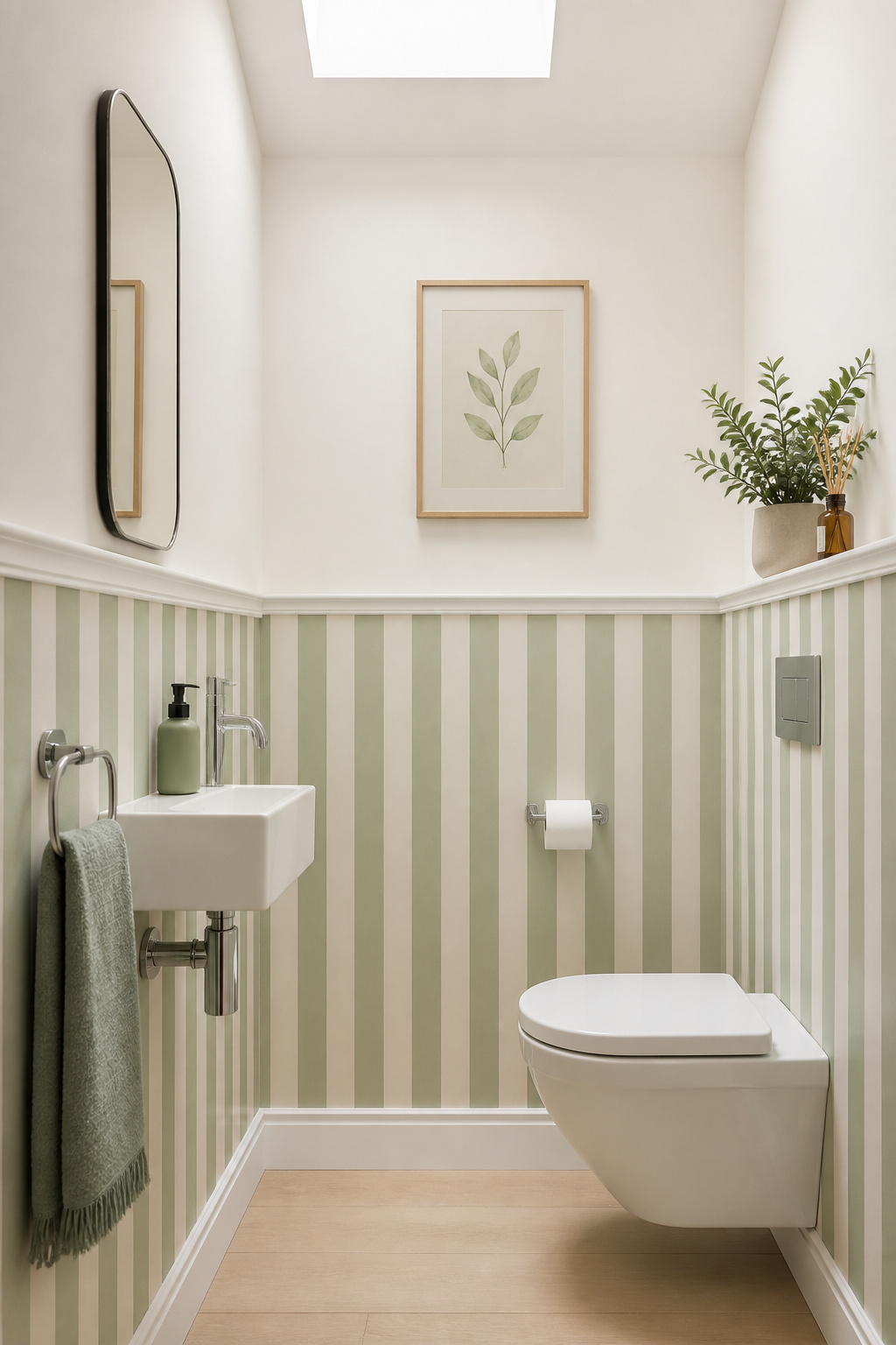 Soft sage watercolour stripes on the lower half draw the eye upward from the skirting board, elongating the room's perceived height without the claustrophobic effect of full-height stripe wallpaper.