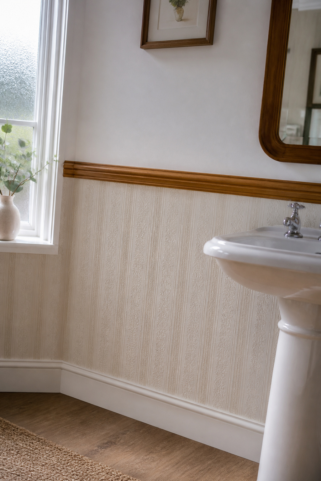 A timber dado rail at standard chair-rail height creates a clean horizontal division, with vertical-repeat textured wallpaper below reading as architectural wainscoting without the cost of real panels.
