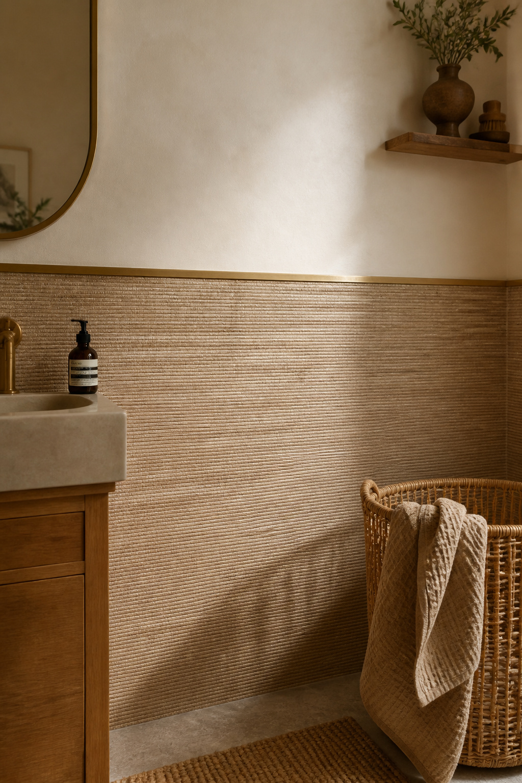 Faux grasscloth-texture vinyl on the lower half delivers the organic warmth of natural woven fibre without the moisture vulnerability of real grasscloth in a bathroom environment.