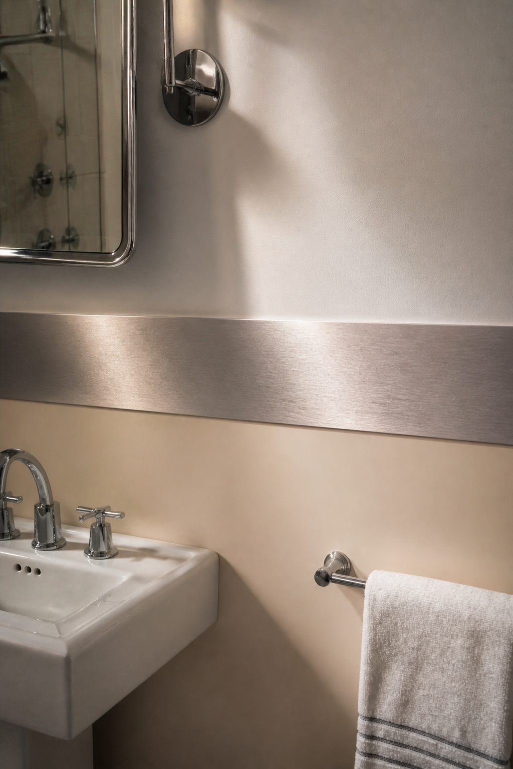 A narrow band of brushed-metal texture wallpaper at chair-rail height on a single feature wall adds a luxe material reference without the commitment of a full half-wall treatment.