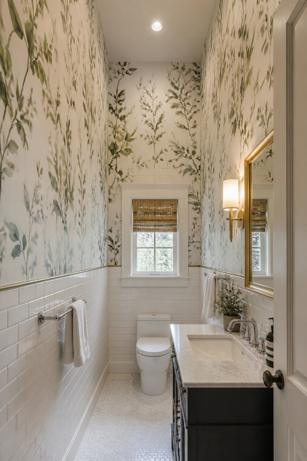 The inverted half wall places botanical wallpaper above the tile line rather than below it, drawing the eye upward and making the ceiling feel further away in a tall narrow bathroom.