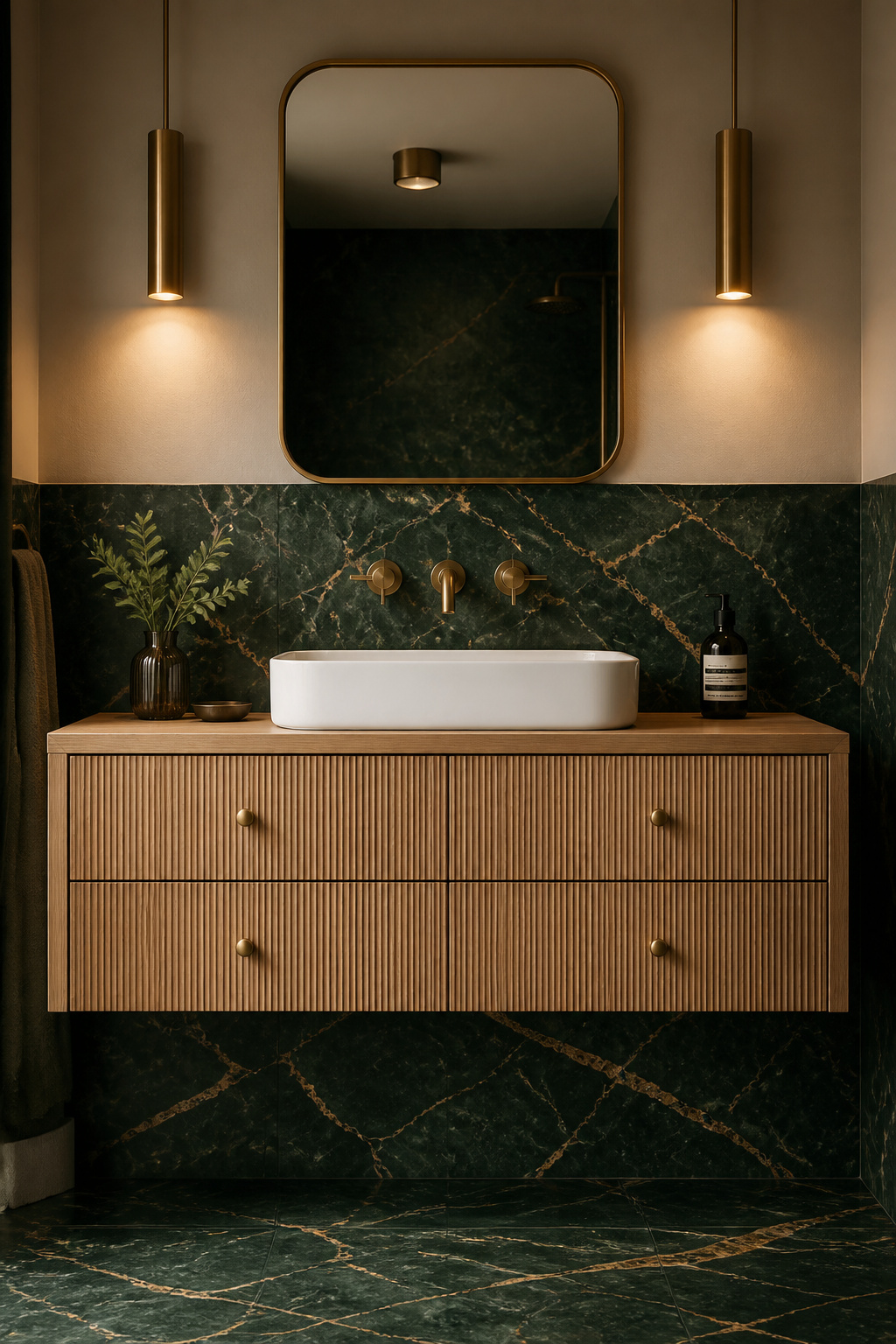Verde Guatemala-inspired faux marble wallpaper at dado height creates a visual plinth that anchors the floating vanity to the wall, with unlacquered brass hardware echoing the gold vein tones.
