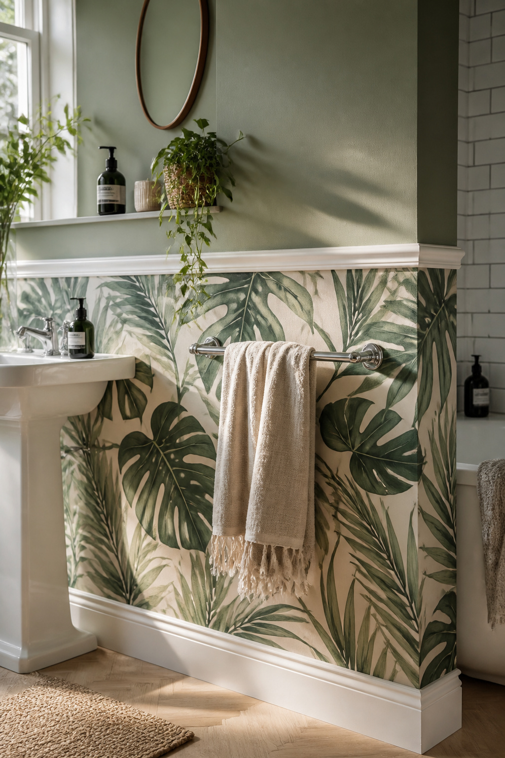 Large-leaf botanical vinyl wallpaper on the lower half pairs with muted sage paint above the dado rail, containing the pattern while maintaining a nature-connected atmosphere.